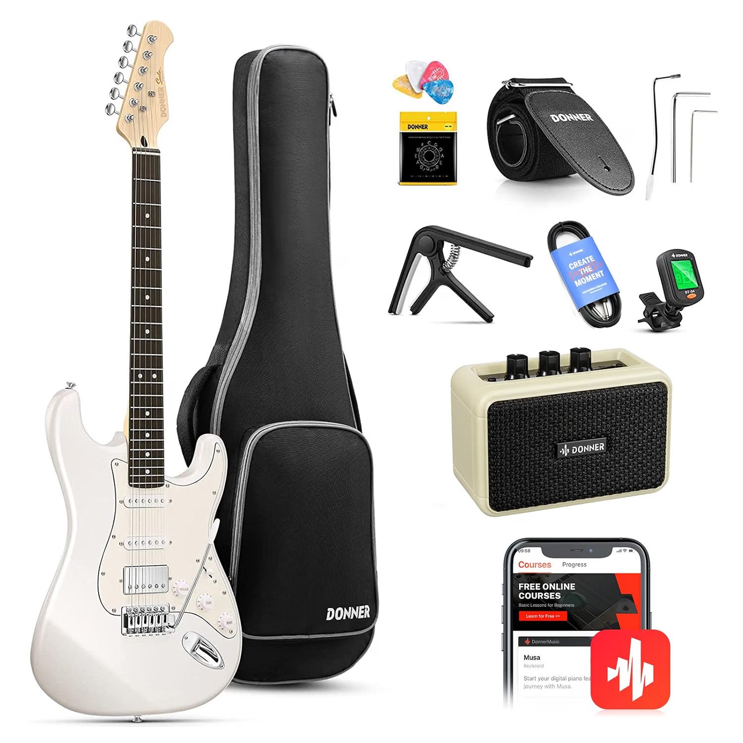 Donner Wood Electric Guitar Kit, Full Size 39 Inch Solid Body E Guitar Set with Amplifier